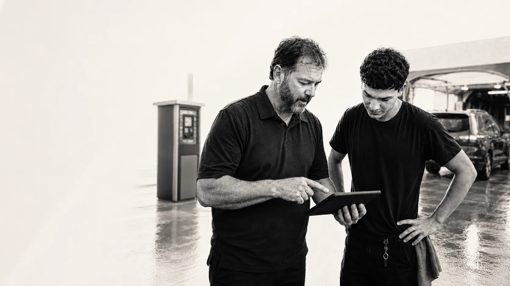 A car wash site manager and an attendant reviewing a tablet together on the lot