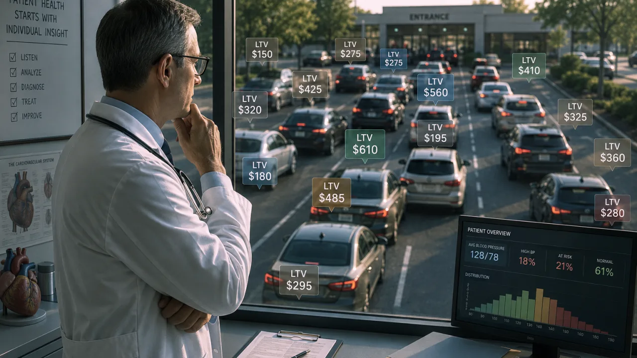 A doctor watching cars enter a car wash, each tagged with a different LTV value